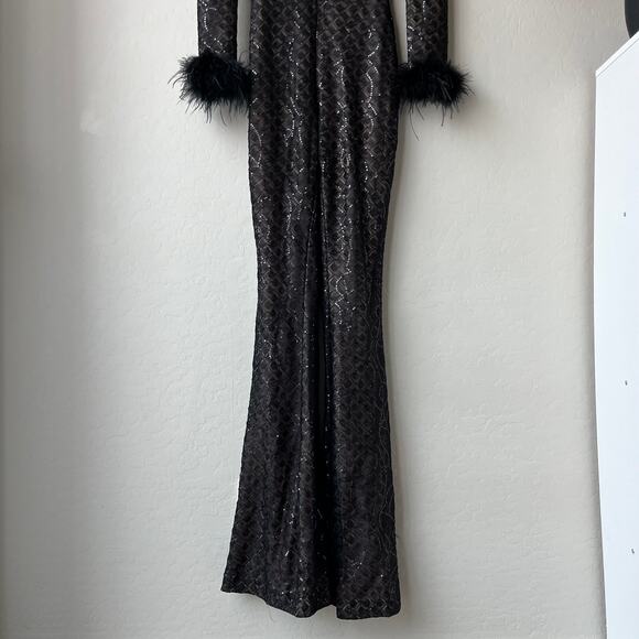 Nadine Merabi Rachel Black Lace Feather Trim Plunge V-Neck Jumpsuit 0 NWT‎ - Picture 6 of 9